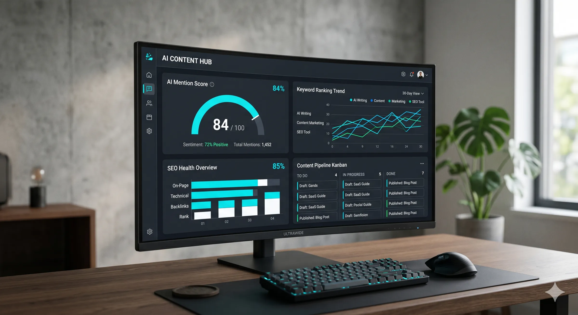 SAMA: AI Content Hub med AI-omnämnandepoäng, sökordstrend, SEO-hälsa och content-pipeline
