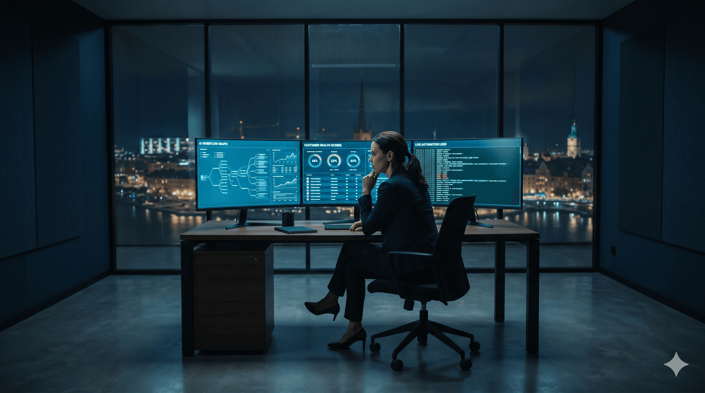Strateg vid tre skärmar med dashboards, med Stockholms skyline i bakgrunden
