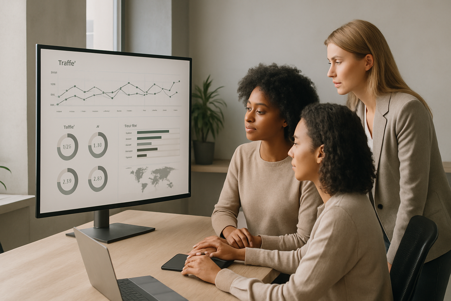 marketing team reviewing content analytics on large office monitor