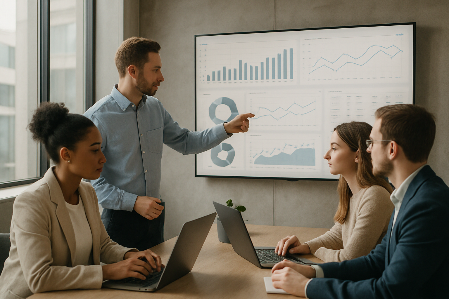 team analyzing dashboards in modern office