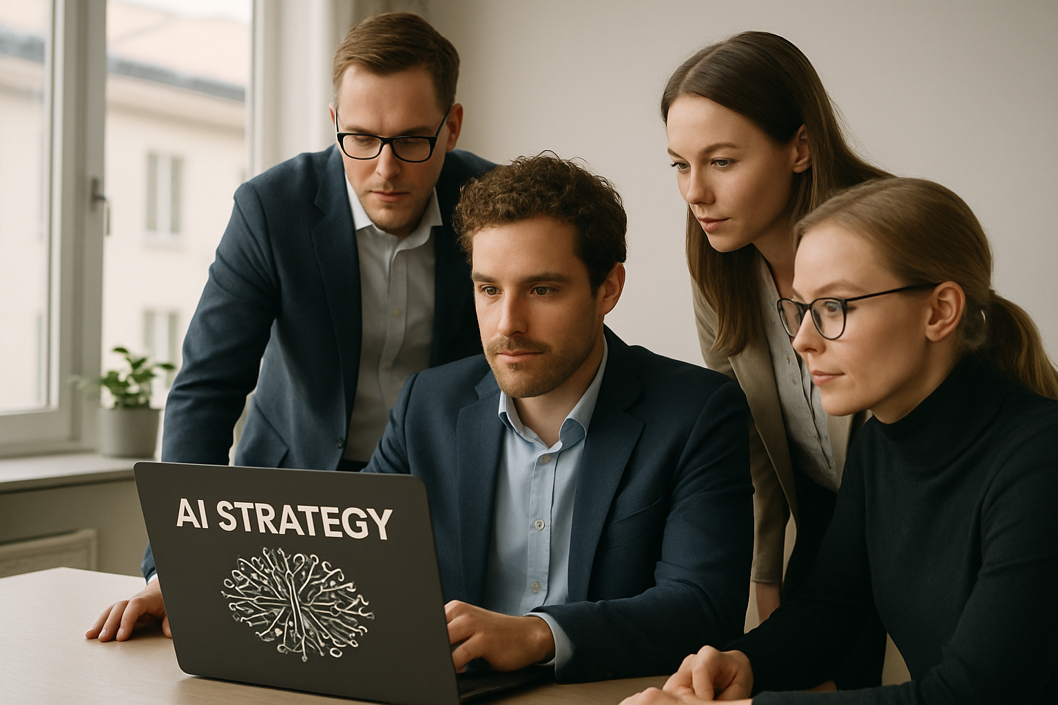 business team reviewing AI strategy on laptop in Swedish office