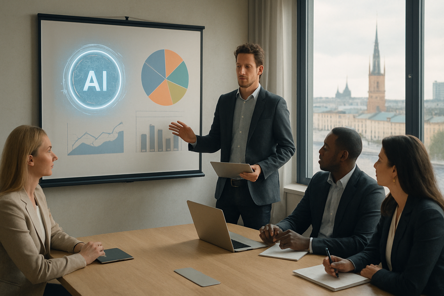 consultant presenting AI data analysis to business team in modern Stockholm office